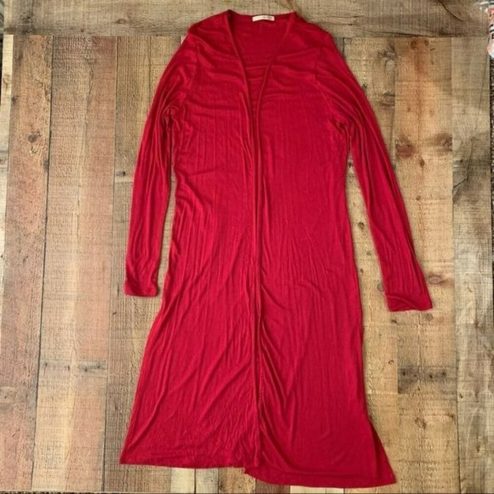 Active USA red ribbed knit midi length lightweight open front cardigan - 1XL